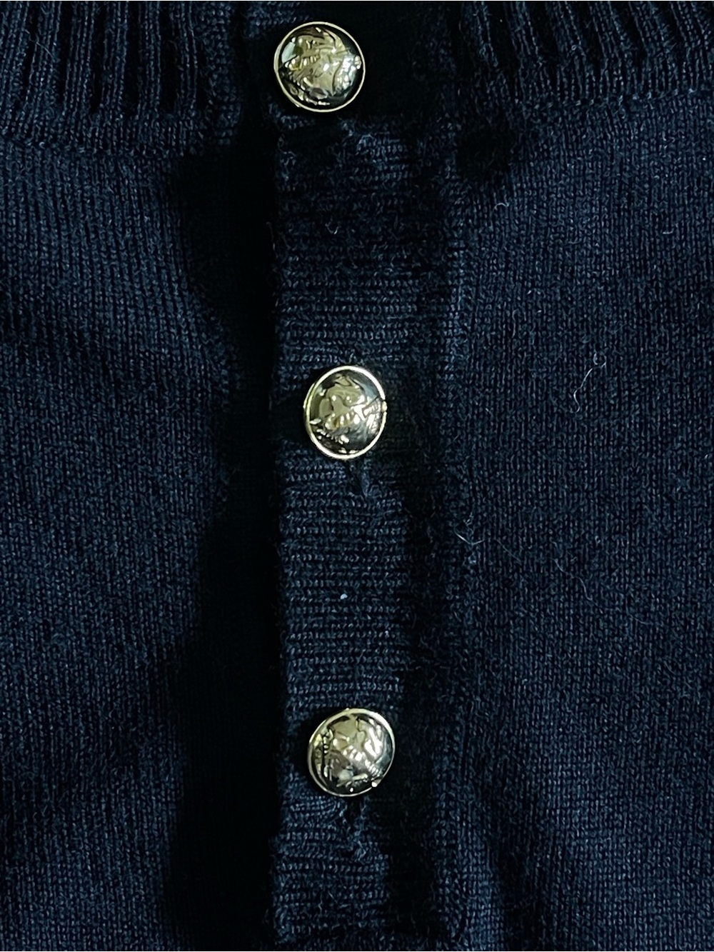 Vintage Salvatore Ferragamo Black Virgin Wool Top S Gold Gancini Buttons - Picture 9 of 10